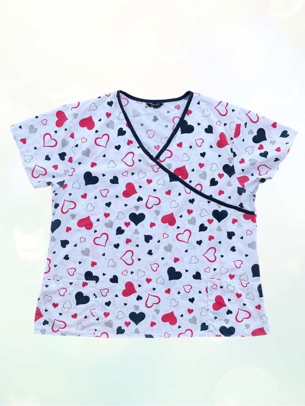 Just Love Red, Blue, Gray Hearts Print V-Neck White Scrubs Top ~ Women’s 2X